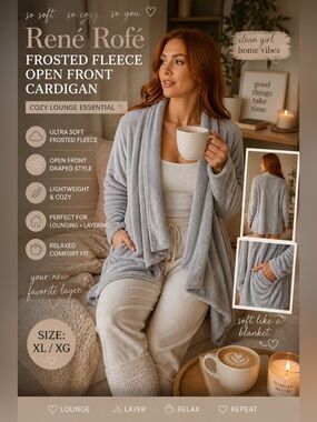 René Rofé Frosted Fleece Open Front Cardigan Gray XL Cozy Lounge Wrap